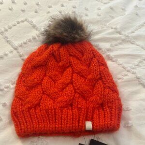 DKNY Bright Orange Cable Knit Beanie w/ Faux Fur Pom • NWT